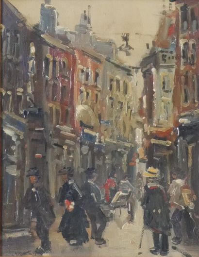 null BELGIAN SCHOOL (XXth) Street scene. Oil on panel with an undeciphered signature...