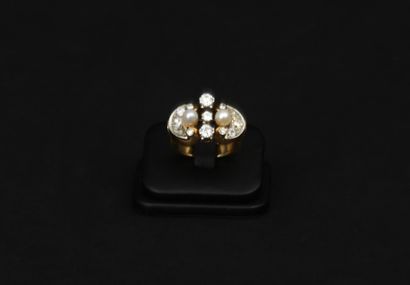 null 
18K yellow and white gold ring, set with two pearls and old cut diamonds, three...