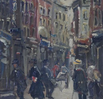 null BELGIAN SCHOOL (XXth) Street scene. Oil on panel with an undeciphered signature...