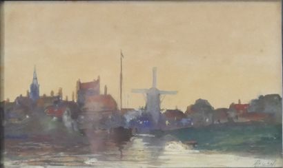 null HOLLAND SCHOOL circa 1920. Evening on the harbor. Watercolor with an undeciphered...