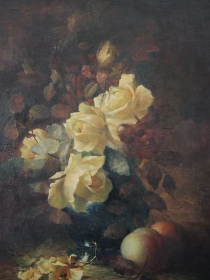 null MERY (XIXe) Still life with a bunch of roses and peaches. Oil on canvas signed...