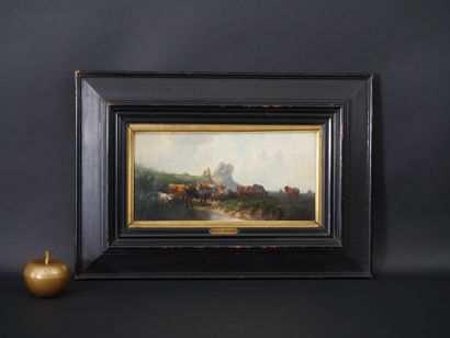 null J JEAN (XIXe).herd drinking. Oil on panel, signed lower right. 15,5 x 31,5 ...