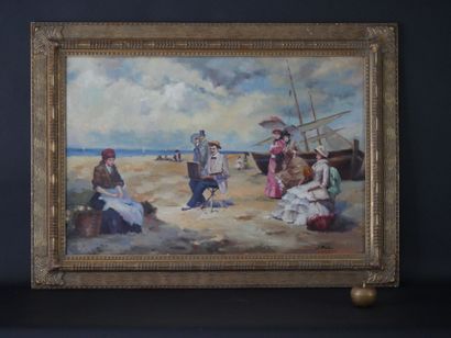 null J.PAUL. Elegantes and painter on the beach. Oil on canvas, signed lower right....