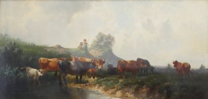 null J JEAN (XIXe).herd drinking. Oil on panel, signed lower right. 15,5 x 31,5 ...
