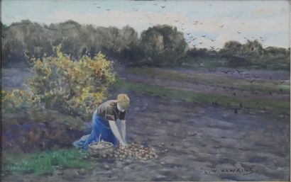 null Louis Welden HAWKINS (1849-1910) Peasant Woman in the Field. Watercolor on marouflaged...