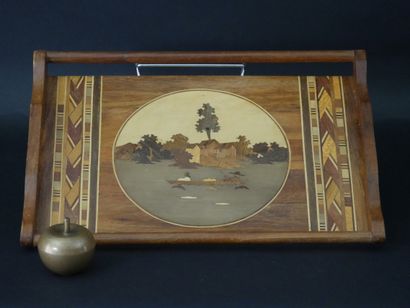 null Decorative tray in marquetry of wood showing a fishing scene. Small restoration...