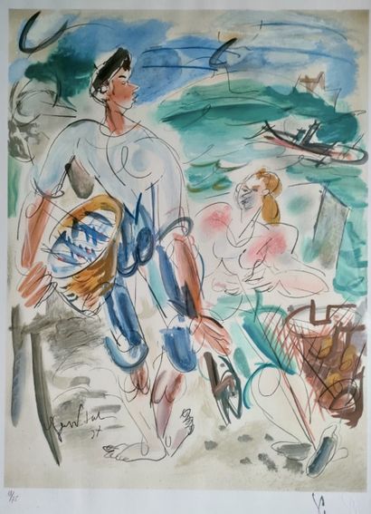 null GEN PAUL (1895 - 1975) Couple de pêcheurs. Lithographie en couleurs sur papier,...