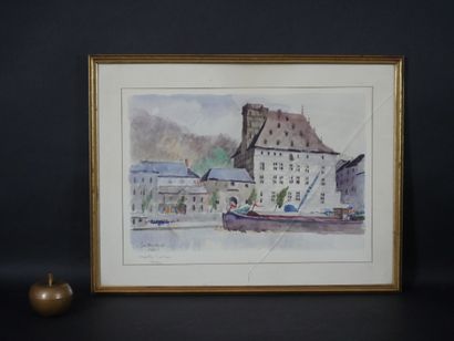 null Joseph BOUGNET (1933-1972) Péniche en bord de Meuse. Aquarelle signée, datée...