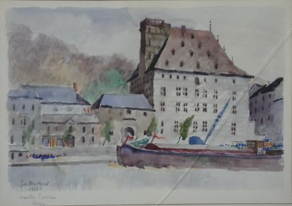 null Joseph BOUGNET (1933-1972) Péniche en bord de Meuse. Aquarelle signée, datée...