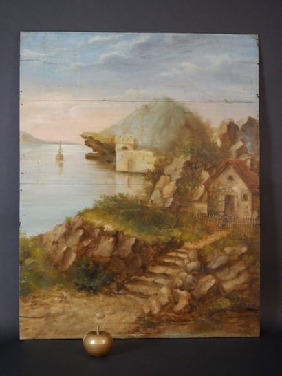 null ECOLE FRANCAISE (XIXe siècle) Bord de lac. Huile sur panneau. (fentes et restaurations)....