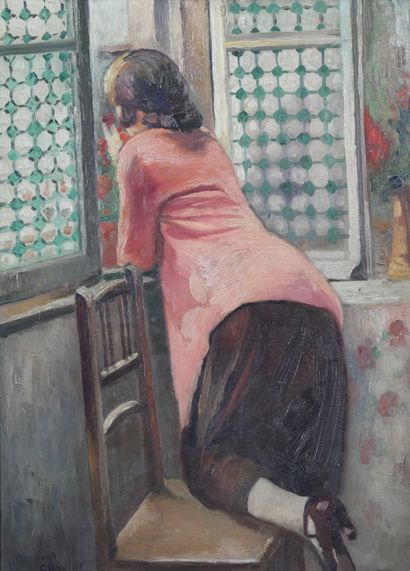 null Raymond CHARLOT (1879-?) Jeune femme à la fenêtre. Huile sur toile signée et...