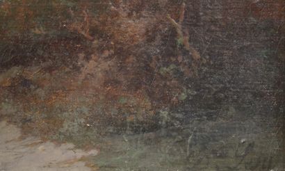 null Désiré Eugène C. LESY (1806-1859). Paysage en bord de fleuve au couché du soleil....