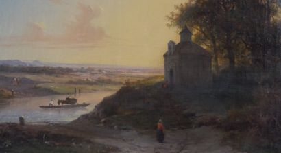 null Désiré Eugène C. LESY (1806-1859). Paysage en bord de fleuve au couché du soleil....