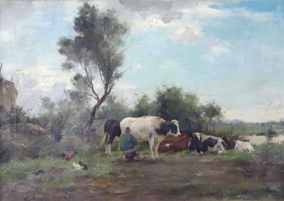 null AJ GROENEWEGEN (1874-1963). Paysage aux vaches. Huile sur toile signée en bas...