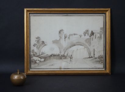 null ITALIAN SCHOOL OF THE XIXth century. View of a ruined viaduct. Graphite, wash...