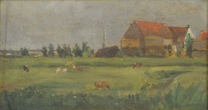 null Joseph POSENAER (1876-1935) Vaches en Pature. Huile sur toile marouflée sur...