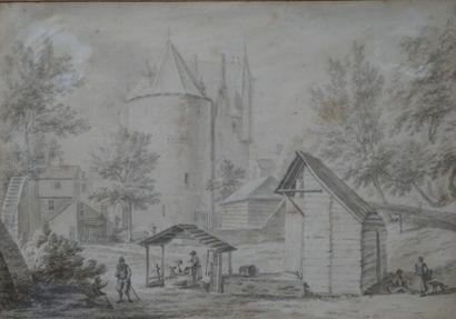 null FLEMISH SCHOOL of the XVIIIth century. VIEW OF A CASTLE. Graphite on paper....
