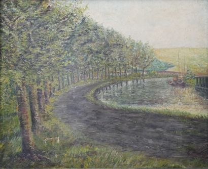null G. DELVAUX (XIX-XX) Bateau sur le canal. Huile sur toile signée en bas à droite...