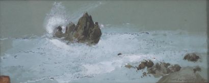 null Ernest Yan' DARGENT (1849-1908). Rocky seaside. Gouache on blue paper, signed...
