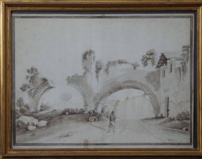 null ITALIAN SCHOOL OF THE XIXth century. View of a ruined viaduct. Graphite, wash...