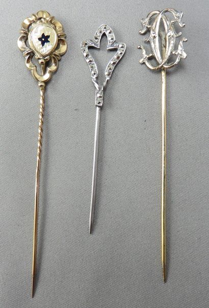 null Lot of 3 Tie Pins, one in silver at 800°/00 enhanced with marcasites, and the...