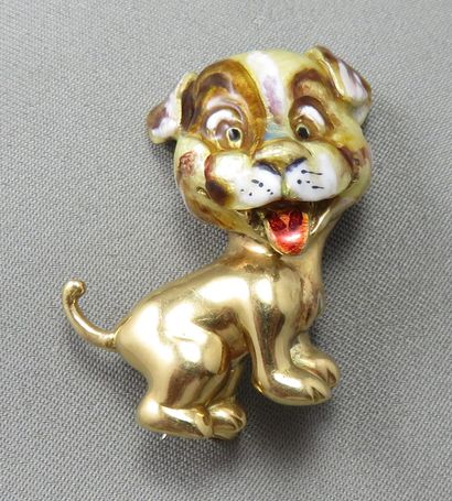 null Brooch in gold 750°/00, stylizing a dog with its tongue hanging out, the head...