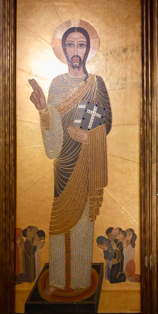 null Jean DUNAND (1877 - 1942)
"Christ in majesty", 1937. Important wooden panel...
