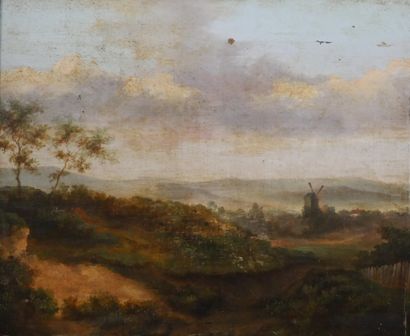 null ECOLE FLAMANDE XIXe siècle
Paysage au moulin.
Huile sur toile. 32 x 40 cm (sauts...