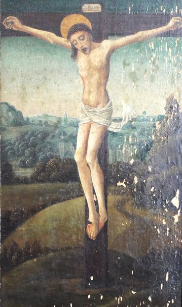 null ECOLE FLAMANDE du XIXe siècle
Christ en croix. Huile sur panneau de style gothique,...