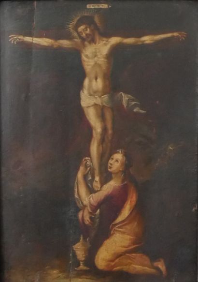 null ECOLE FLAMANDE du XVIIIe siècle
Christ en Croix avec Marie Madeleine.
Huile...
