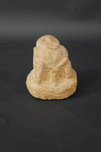 null Curious carved stone block depicting a male figure holding his penis. Folk art,...