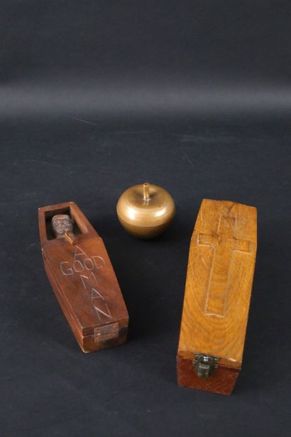 null Set of two wooden bachelor coffins. One with the inscription "A good man", the...