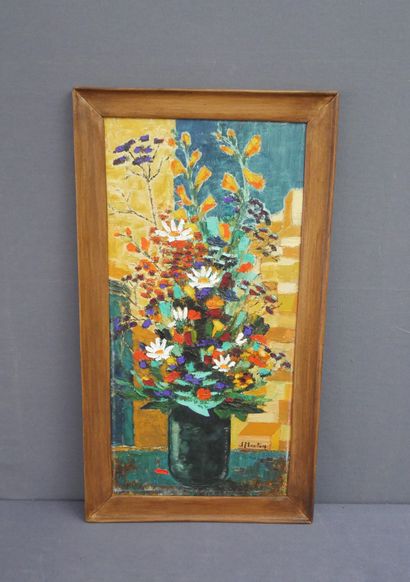 null James MOUTON (1925-2011). Bouquet de fleurs des champs. Huile sur isorel. Contre-signé...