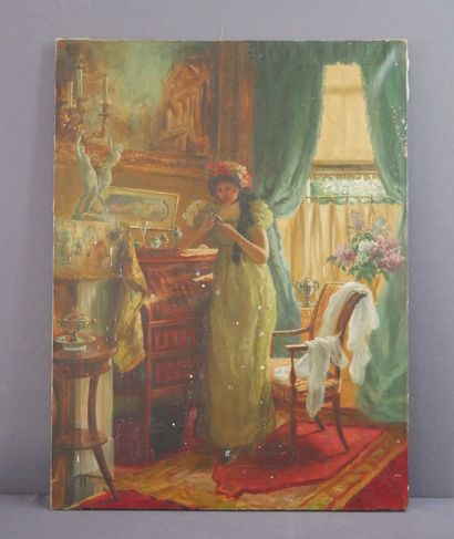 null Maria LAMBIOTTE (1872-1930) Elégante dans son intérieur. Huile sur toile, signée...