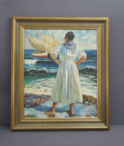 null Fill MOTTOLA ( USA 1915-2008) Femme devant des barques de pêche. Huile sur toile,...