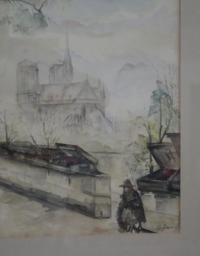 null Jules LEFRANC (1887-1972). Quai de Seine et bouquiniste derrière Notre Dame....