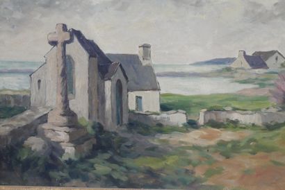 null Jean-Charles MILLET (1892-1944). Vue de hameau avec calvaire en Bretagne. Huile...
