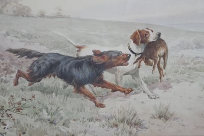 F. JEANNINGROS. Hunting dogs. Watercolor...
