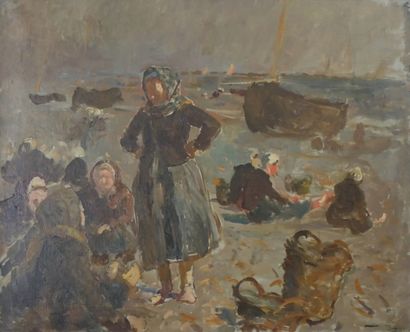 null Eugène TRIGOULET (1864-1910) Pêcheuses sur la plage de Berck, vers 1905. HUILE...