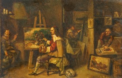  Oil on panel, Depiction of a seventeenth-century artist's studio with painter and... Gazette Drouot