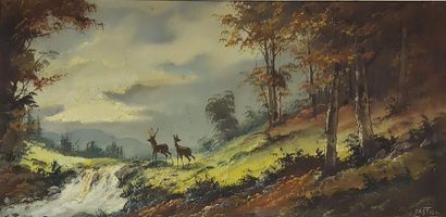 null LASTEL, French school 20th. Stags near a waterfall. Oil on canvas signed lower...