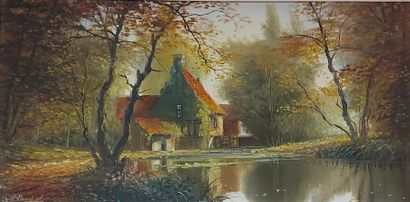 null R. LAMBERT. Half-timbered house near a pond. Oil on canvas signed lower left....