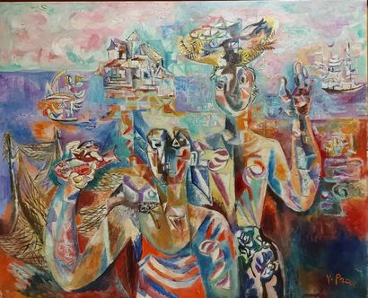 null Valentine PRAX (1899-1981). People of the Sea, 1966. Oil on canvas signed lower...