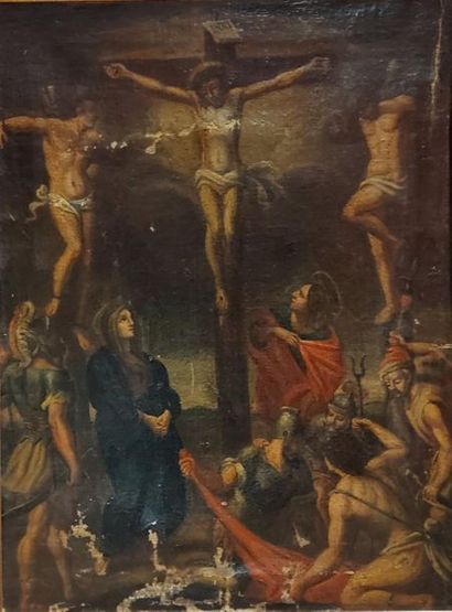 null FRENCH SCHOOL 18th. CRUCIFIXION. Oil on canvas (accident and missing). 60 x...