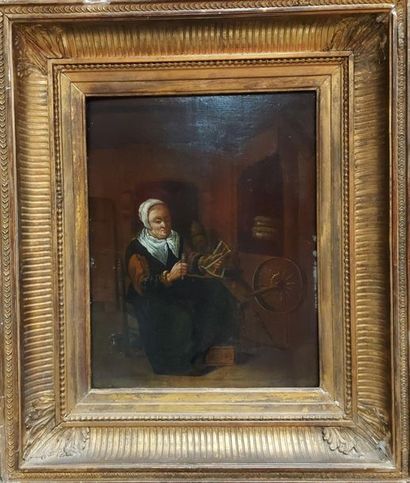 DEPAPE, 19th. Woman spinning wool. Oil on...