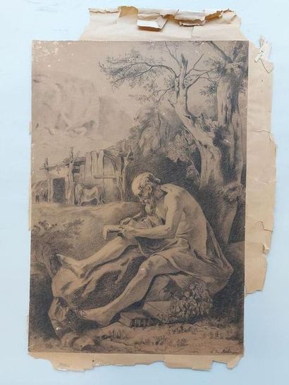 null L. de LOCHNER, French school 19th. Evangelist Mathieu? Charcoal signed lower...
