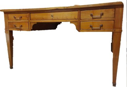 null Louis XVI style cherry wood flat desk, sheath legs. Havana leather-covered top....