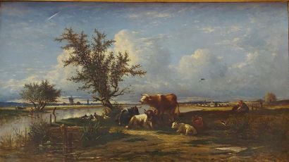 null Amédée BESNUS (1831-1909). Shepherdess and her cows near the water near Pont...