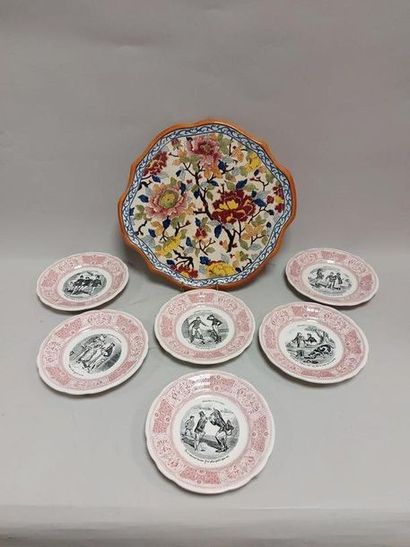 null GIEN. Tray (diam: 35 cm) and suite of 6 fine printed earthenware plates (diam:...