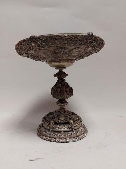 null Napoleon III period copper and brass silver plated cup on pedestal with bacchanal...